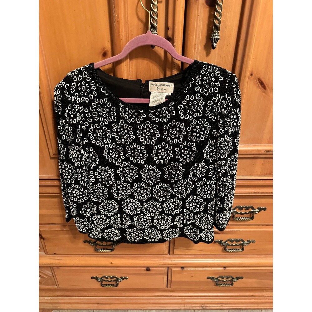 Vintage 1980s Adrianna Papell Boutique Evening Hand Beaded Silk Blouse Size L